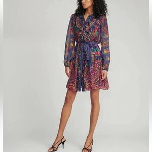 SALONI Tilly Floral Ruffle Tiered Midi Dress Belted Blue Purple Women 6 silk